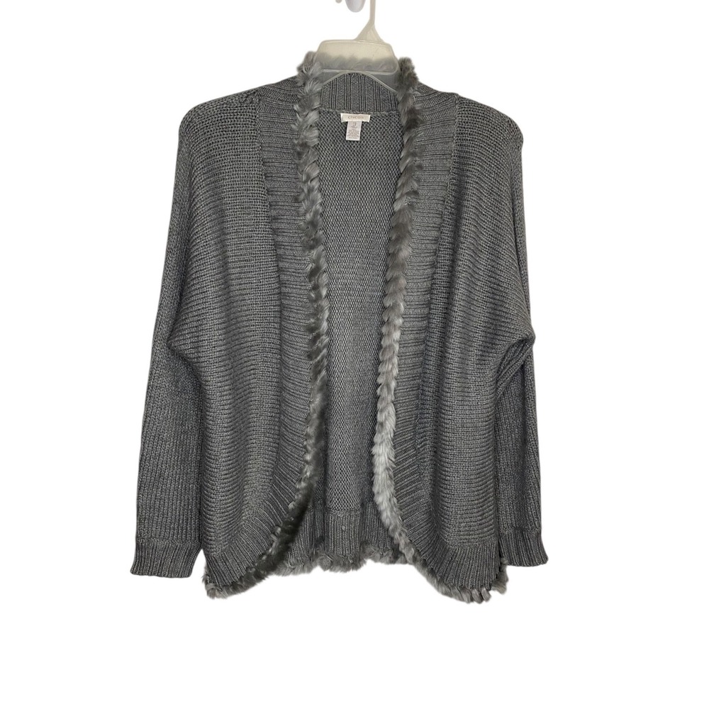 Chicos Grey Faux Fur Trim Open Front Cardigan Alpaca Blend Size 3